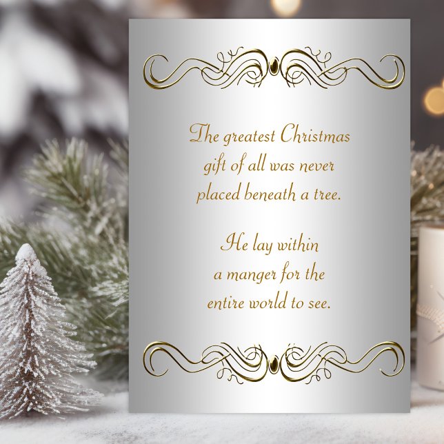 Pour Fêtes Annuelles Cartes de Noël chrétienne Silver Gold (Christian Christmas card with elegant gold swirls and scriptures. )