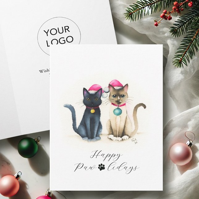 Pour Fêtes Annuelles Cartes de Noël d'affaires avec Amoureux des chats  (Business Christmas cards with logo watercolor cats by Victoria Grigaliunas of Do Tell A Belle)