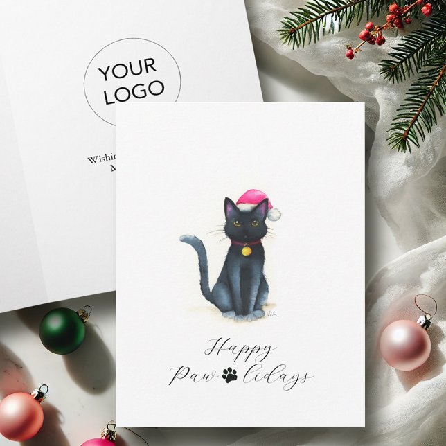 Pour Fêtes Annuelles Cartes de Noël d'affaires avec logo Chat noir (Business Christmas cards with logo watercolor black cat with Santa hat by Victoria Grigaliunas)