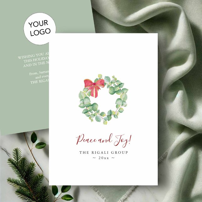 Pour Fêtes Annuelles Cartes de Noël d'affaires Logo d'entreprise (Corporate Christmas cards with logo watercolor wreath by Victoria Griglaiunas of Do Tell A Belle)