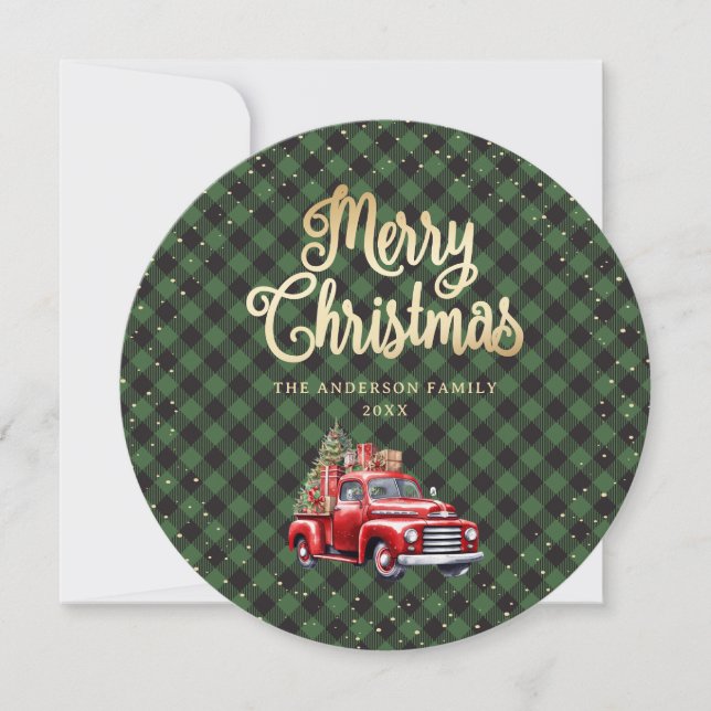 Pour Fêtes Annuelles Cartes de Noël de Camion Rouge Plaid Buffalo Vert (Devant)