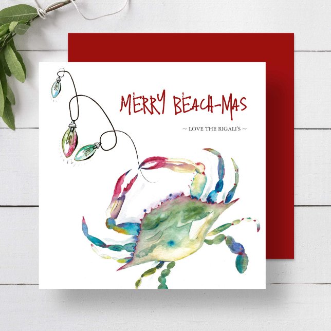 Pour Fêtes Annuelles Cartes de Noël de plage Aquarelle Crâne bleu (Beach Christmas cards Merry Beach-mas watercolor blue crab Victoria Grigaliunas of Do Tell A Belle)