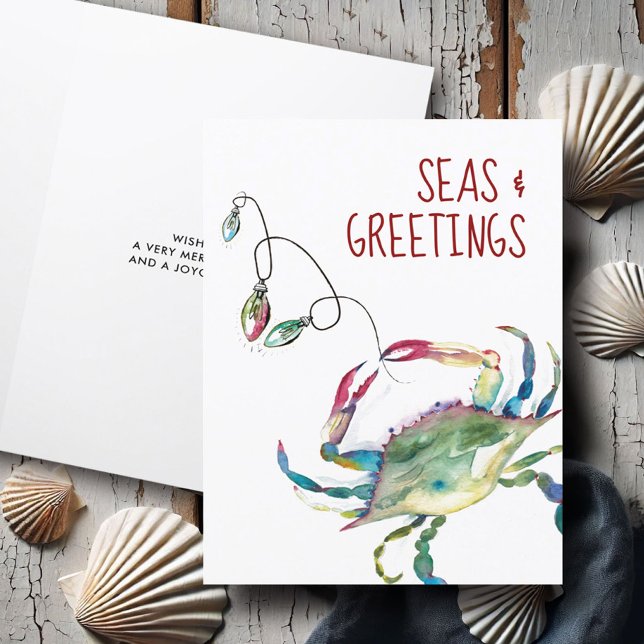 Pour Fêtes Annuelles Cartes de Noël de plage Crabe d'aquarelle côtière (Beach Christmas cards watercolor crab art by Victoria Grigaliunas of Do Tell A Belle)