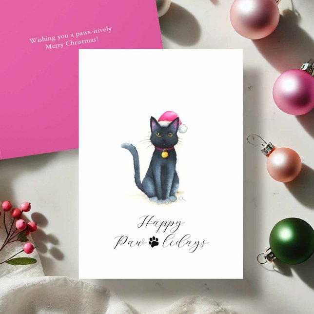 Pour Fêtes Annuelles Cartes de Noël en Chat Noir (Black cat Christmas cards watercolor by Victoria Grigaliunas Happy Paw-lidays Merry Christmas Wishes)
