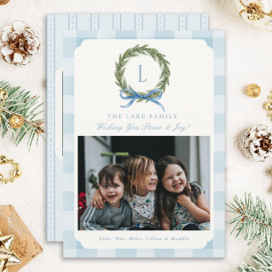 Pour Fêtes Annuelles Cartes de Noël En vichy photo bleu Monogramme Wrea