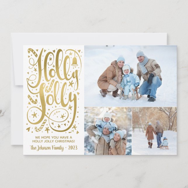 Pour Fêtes Annuelles Cartes de Noël Holly Jolly Photo Faux Gold Foil (Devant)