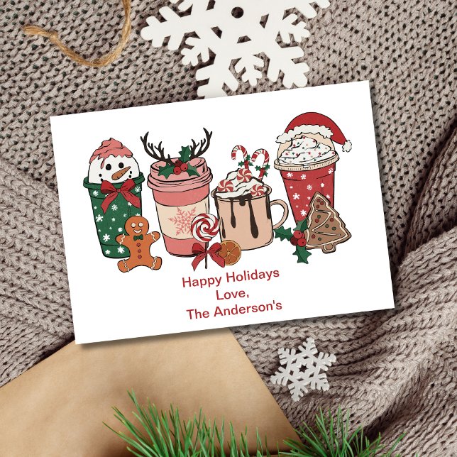 Pour Fêtes Annuelles Cartes de Noël personnalisées avec biscuits au caf (Christmas festive coffee and drinks holiday card. Printed or Digital instant download)