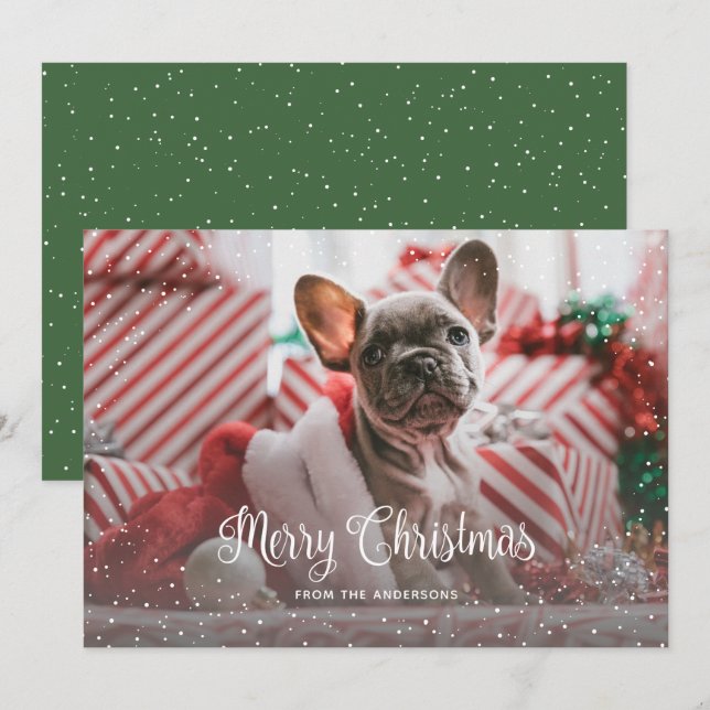 Pour Fêtes Annuelles Cartes de Noël Photo Green Snowy (Devant / Derrière)