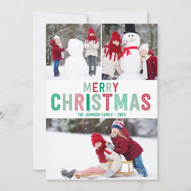 Pour Fêtes Annuelles Cartes de Noël rouges et vertes avec trois images (Devant)