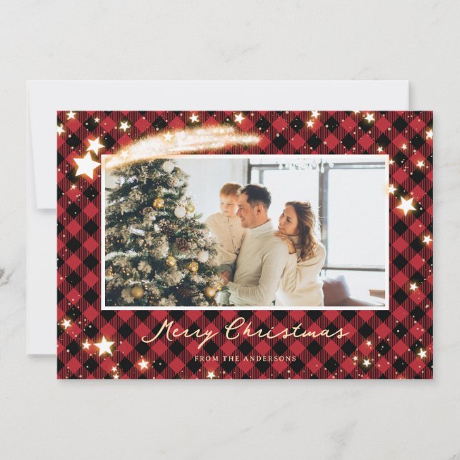 Pour Fêtes Annuelles Cartes de Noël Starry Red Buffalo Plaid Photo (Devant)