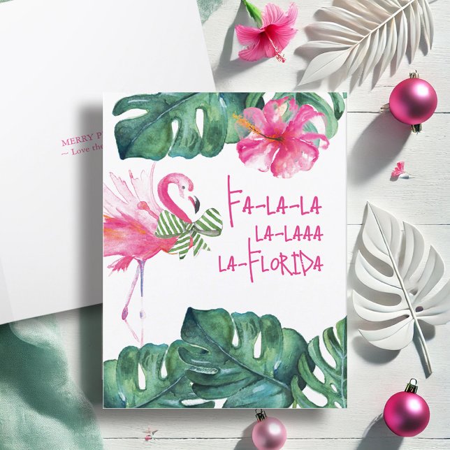 Pour Fêtes Annuelles Cartes de Noël tropicales (Pink flamingo Christmas cards watercolor tropical art by Victoria Grigaliunas of Do Tell A Belle)