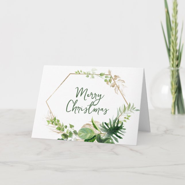 Pour Fêtes Annuelles Cartes de Noël Tropicales Vert et Or avec feuilles (Devant)