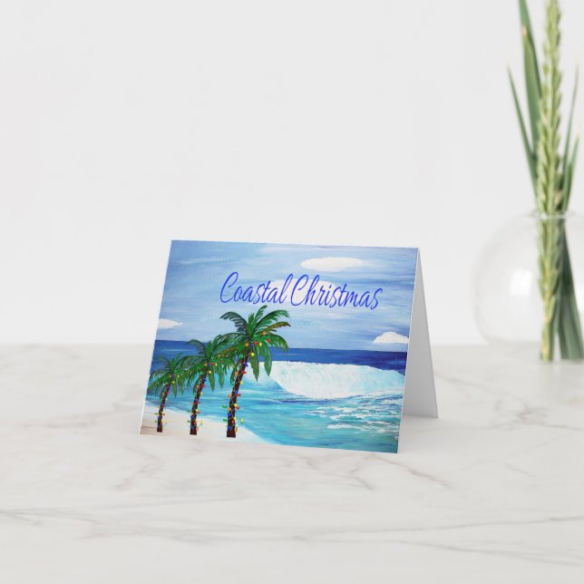Pour Fêtes Annuelles Cartes de vœux de vacances de surf côtier palmier. (Devant)