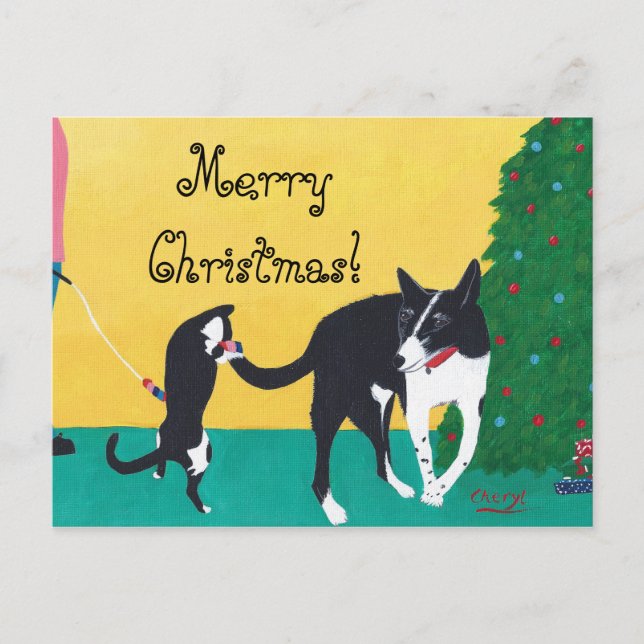 Pour Fêtes Annuelles Chien de chat Jouer par Arbre Joyeuses cartes post (Devant)