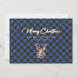 Pour Fêtes Annuelles Élégant Buffle Bleu Or Plaid Cartes de Noël