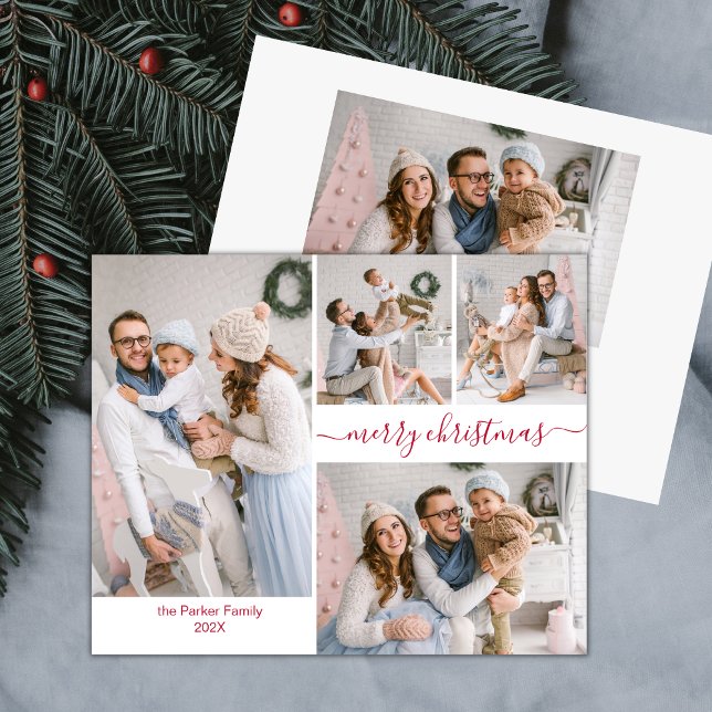 Pour Fêtes Annuelles Élégant Rouge Script 5 Photo Collage Cartes de Noë (Créateur téléchargé)