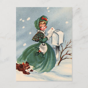 Pour Fêtes Annuelles Fille en manteau vert Mailing Cartes de Noël