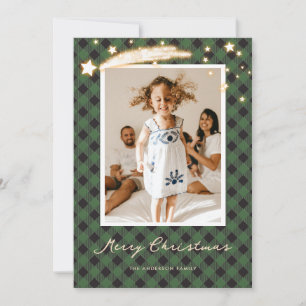 Pour Fêtes Annuelles Green Buffalo Plaid Stars Photo Cartes de Noël