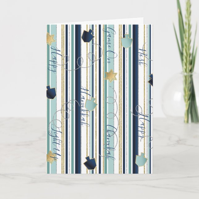 Pour Fêtes Annuelles Hanoukka Cartes de voeux Dreidels n Stripes (Devant)