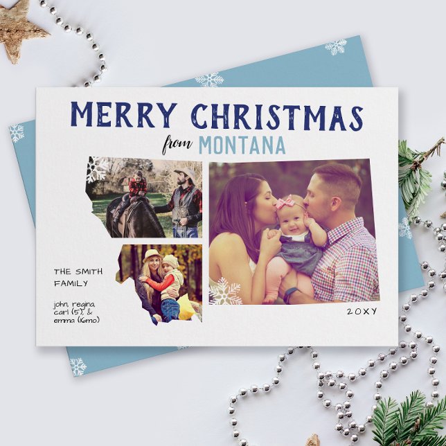 Pour Fêtes Annuelles Joyeux Noël du Montana Trois Cartes photos (From the state of Montana with love three photo Christmas holiday card and moving announcement)