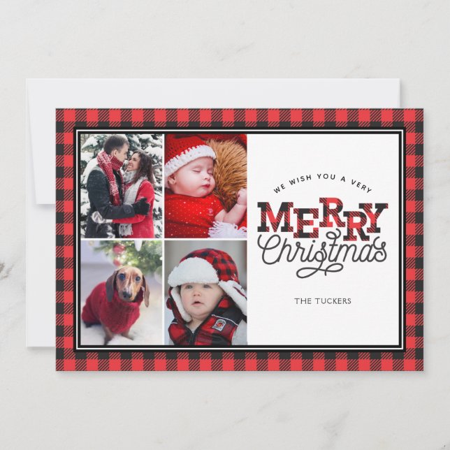Pour Fêtes Annuelles MERRY Buffalo Plaid Bordure 4 Cartes photos (Devant)