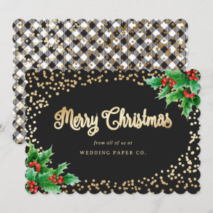 Pour Fêtes Annuelles Noir blanc Plaid Holly Business Cartes de Noël