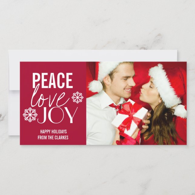 Pour Fêtes Annuelles Peace Love Joy Red Snow Holiday Cartes photos (Devant)