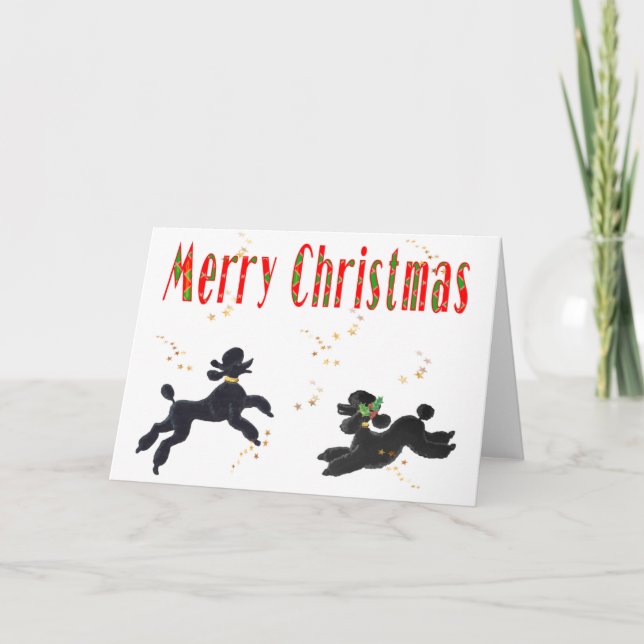 Pour Fêtes Annuelles Poodles noirs Jouer Joyeuses Cartes d'Art de Noël (Devant)