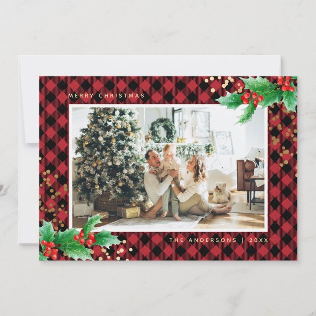 Pour Fêtes Annuelles Red Gold Buffalo Plaid Holly Photo Cartes de Noël (Devant)