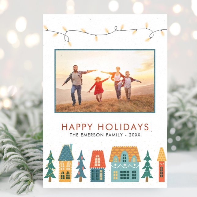 Pour Fêtes Annuelles Retro Joyeux Cartes photos de Noël (Family Photo Cute Holiday Retro Houses Christmas Cards by Painted Paperie)