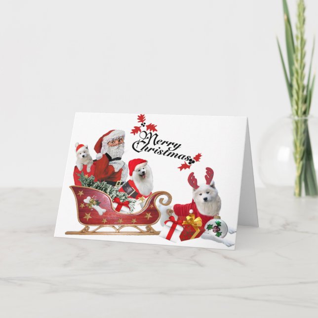 Pour Fêtes Annuelles Samoyed et Père Noël dans les cartes Sleigh (Devant)