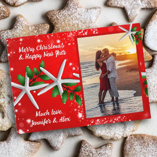 Pour Fêtes Annuelles Sea Stars n Holly Photo Red Christmas Cartes