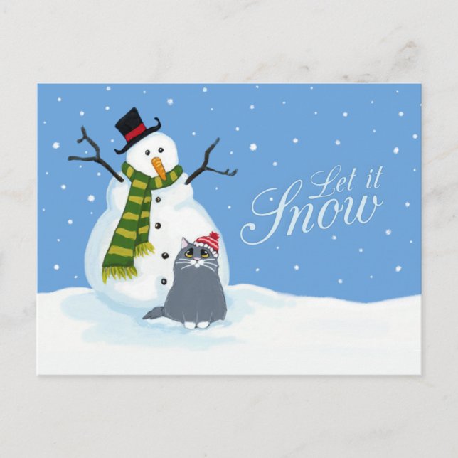 Pour Fêtes Annuelles Snowman et Cat | Laisser neiger les cartes postale (Devant)