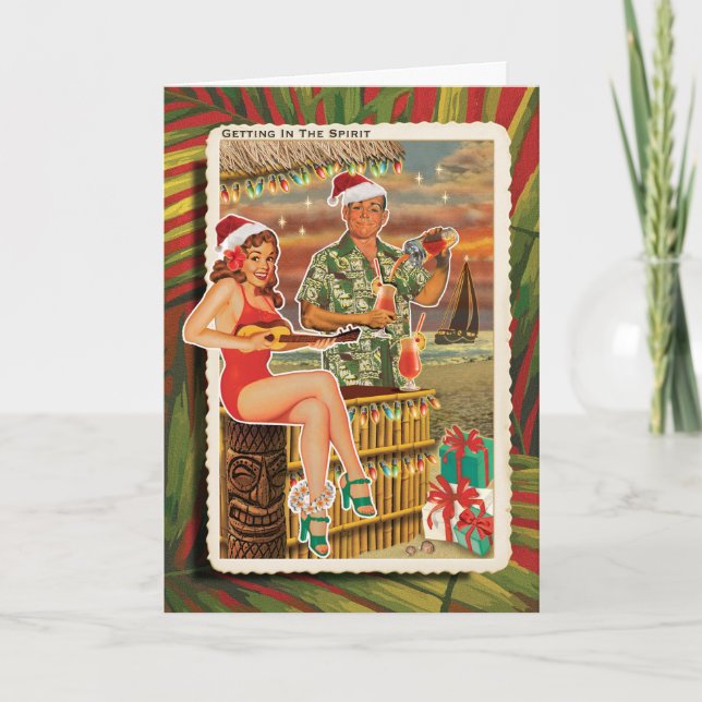 Pour Fêtes Annuelles Tiki Couple Tropical Beach Cartes de Noël (Devant)