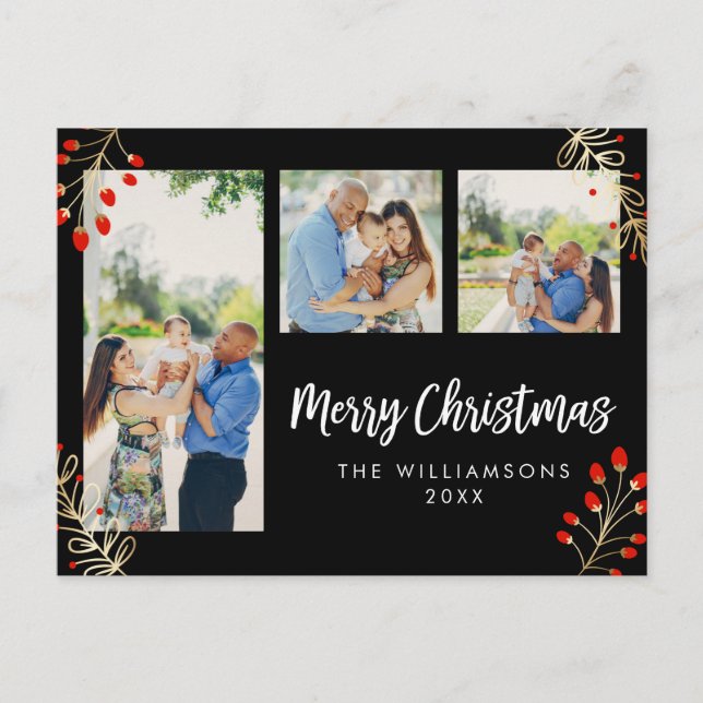 Pour Fêtes Annuelles Vacances 3 Cartes photos | Berries rouges et Feuil (Devant)