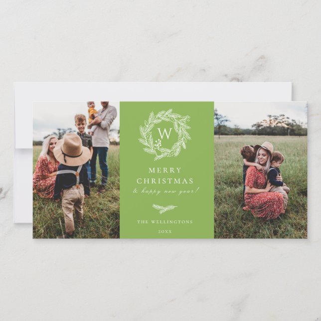 Pour Fêtes Annuelles Wreath d'hiver Monogramme Vacances 2 Cartes photos (Devant)