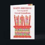 Pour Great Grandson Custom Age Carte de gâteau d'a<br><div class="desc">Vous pouvez ajouter l'âge à cette carte d'anniversaire aux couleurs vives pour votre arrière petit-fils, avec un gâteau d'anniversaire de fraise. Le gâteau a beaucoup de bougies avec différents motifs et il y a une bande à motifs autour du gâteau avec des fruits d'été colorés - fraises, framboises, citron vert...</div>