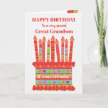 Pour Great Grandson Custom Age Carte de gâteau d'a<br><div class="desc">Vous pouvez ajouter l'âge à cette carte d'anniversaire aux couleurs vives pour votre arrière petit-fils, avec un gâteau d'anniversaire de fraise. Le gâteau a beaucoup de bougies avec différents motifs et il y a une bande à motifs autour du gâteau avec des fruits d'été colorés - fraises, framboises, citron vert...</div>