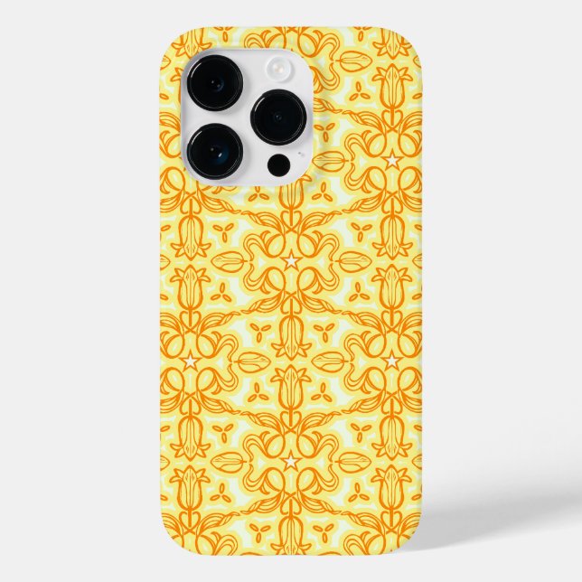 Pour iPhone 14 Pro Tulip floral damassé orange jaune coque (Verso)