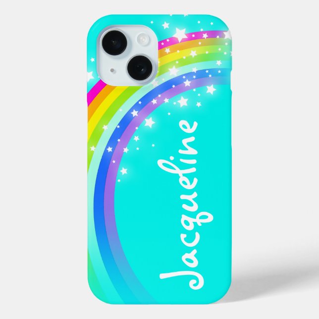 Pour iPhone 15 Rainbow aquis étoiles ciel brillant coque (Verso)