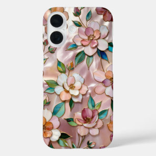 Pour iPhone 16 Coque de téléphone en verre teinté floral rose Élé