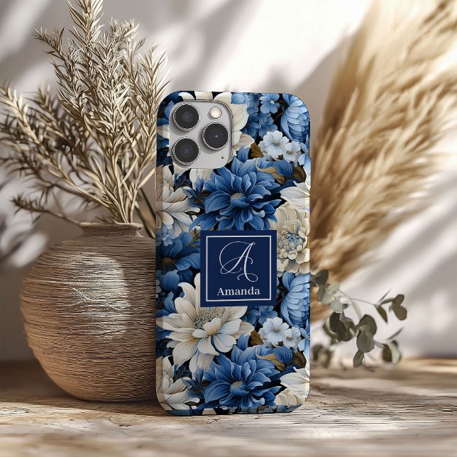 Pour iPhone 16 Coque de téléphone Luxueuse à Fleurs Bleu Marine S (Sophisticated Navy Blue Flowers Luxury Phone Case)