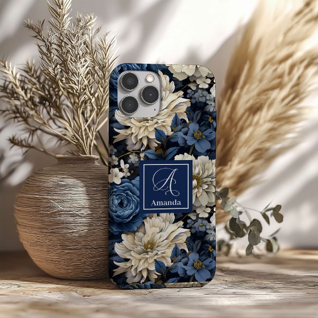 Pour iPhone 16 Coque de téléphone Luxueuse Fleurs Bleues et Blanc (Premium Blue and White Flowers Luxury Phone Case)