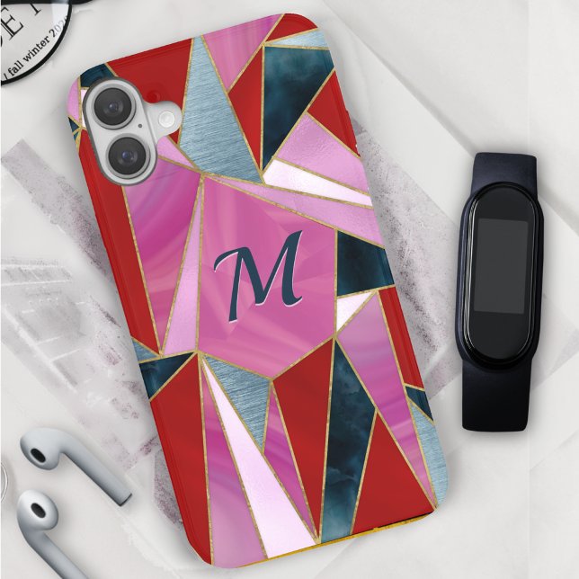 Pour iPhone 16 Coque géométrique abstrait-Mate iP rouge chic gris (Créateur téléchargé)