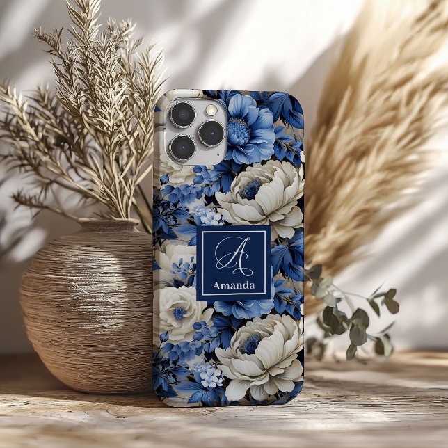 Pour iPhone 16 Fleurs Bleu Marine Élégantes Coque de Protection p (Chic Navy Blue Flowers Stylish iPhone Case Cover)