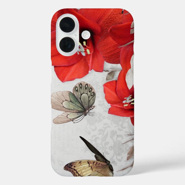 Pour iPhone 16 joli coque de fleurs rouges papillons (Verso)