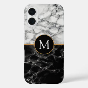 Pour iPhone 16 Lettre personnalisée Faux noir blanc marbre coque