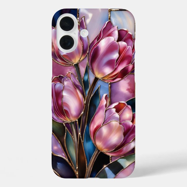 Pour iPhone 16 Plus Coque de téléphone style vitrail Tulipe rose (Verso)