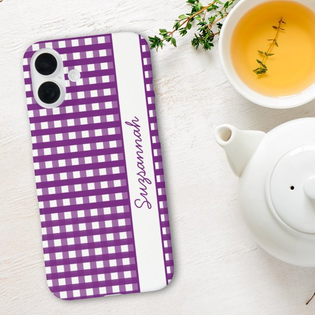 Pour iPhone 16 Plus En vichy blanc violet vérifier Coque personnalisé (purple gingham iPhone case template)