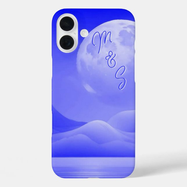 Pour iPhone 16 Plus Galaxie de la Lune Bleue Coque monogrammé - Mini-P (Verso)